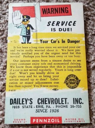 1954 Chevrolet Service Pennzoil Motor Oil (2) Dealer Colored Post Card