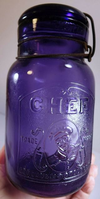 Vintage Chef Fruit Jar Berdan Toledo Oh Purple Glass Lid Quart Canning Wire Bail