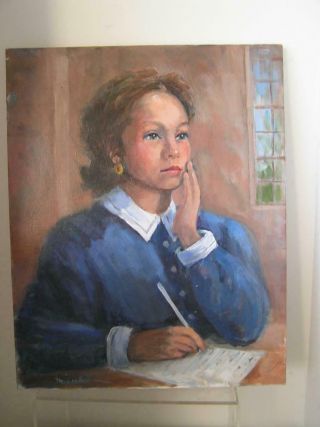 Orig Oil Painting Portrait Pensive African Amer Girl Writing At Desk By M.  Cook