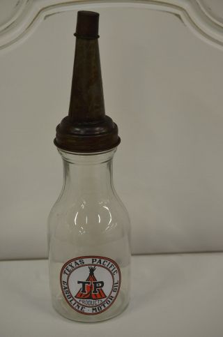Vintage Style Texas Pacific 1 Quart Glass Motor Oil Bottle W Spout & Dust Cap
