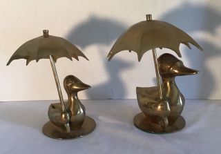 Vintage Solid Brass Ducks With Umbrellas Figurines 7.  5” & 8.  5” Tall 2