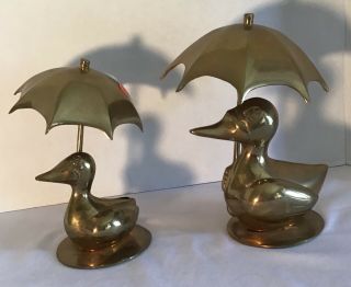 Vintage Solid Brass Ducks with Umbrellas Figurines 7.  5” & 8.  5” Tall 2 3