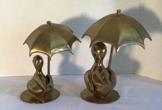 Vintage Solid Brass Ducks with Umbrellas Figurines 7.  5” & 8.  5” Tall 2 4