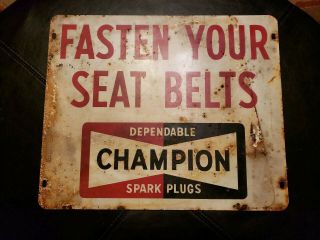 1968 Champion Spark Plugs Double Sided Metal Sign Fasten Your Seat Belts Usa