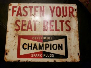 1968 Champion Spark Plugs Double Sided Metal Sign Fasten Your Seat Belts USA 3