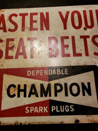 1968 Champion Spark Plugs Double Sided Metal Sign Fasten Your Seat Belts USA 6