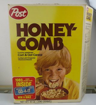Vintage 1980s Honey Comb Cereal Box Boy And Bike 1983 License Plate Edition