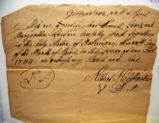1784 Germantown Pa.  Hand Written Letter Of Marriage Signed By Rev.  A Helfenstein