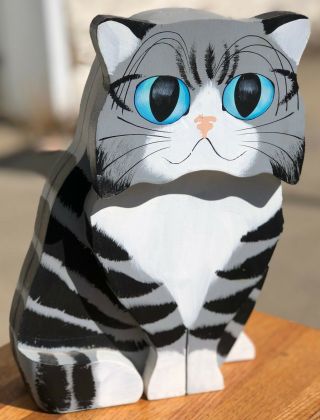 Vintage 11 " Black Grey Folk Art Flat Wood Striped Tabby Kitty Kitten Cat Statue