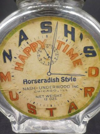 Vintage Nash ' s Happy Time Mustard Glass Jar Bottle Figural Clock w/Paper Label 4