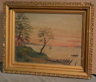 Antique 1895 Hudson River Primitive Oil Painting Tonalist Lake Trees Men Boat