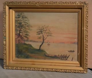 Antique 1895 Hudson River Primitive Oil painting Tonalist Lake Trees Men Boat 3