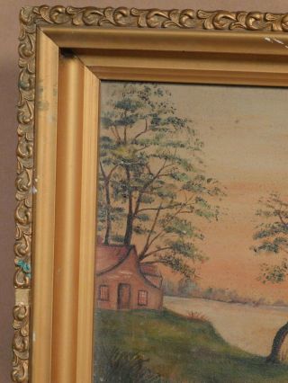 Antique 1895 Hudson River Primitive Oil painting Tonalist Lake Trees Men Boat 4