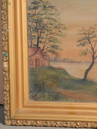 Antique 1895 Hudson River Primitive Oil painting Tonalist Lake Trees Men Boat 5
