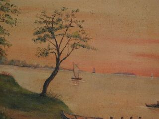 Antique 1895 Hudson River Primitive Oil painting Tonalist Lake Trees Men Boat 6