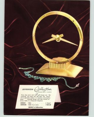 1954 Paper Ad 2 Sided Jefferson Golden Hour Electric Clock Specs Color Full Page