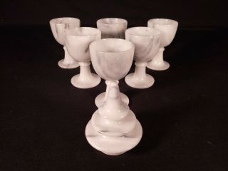 Set Of 6 White Marble Alabaster Shot Glasses Cordial Egg Cups & 1 Lid