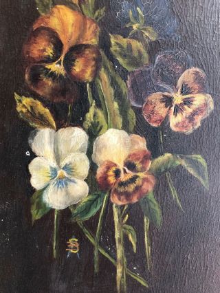Antique Victorian Oil Painting Pansies Floral On Board 1880s Gilt Frame