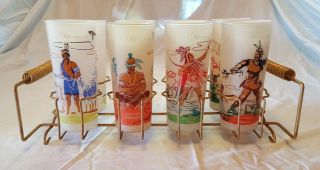 Vintage " Famous Indians Of Ohio " Glasses Set Of 8 By The Bonded Co.  With Holder