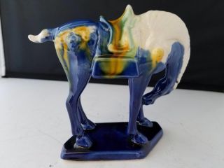 Vtg Glazed ceramic porcelain BLUE HORSE W/SADDLE FIGURINE CHINA 014 Hallmarked 3