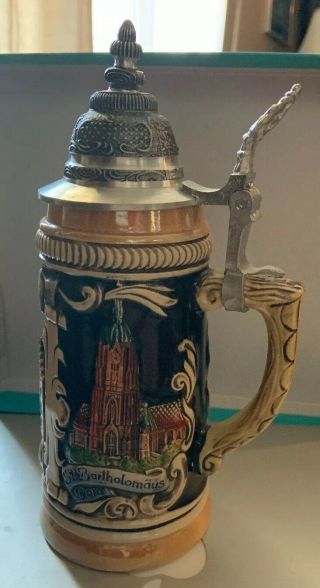 Antique Vintage German Beer Stein /w Pewter Lid Has Markings Ww 1 Frankfurt