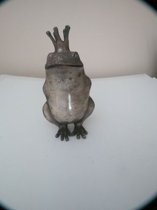 Vintage Cast Silver On Brass Metal Crowned Frog Prince Finely Detailed 6.  5 " Tall