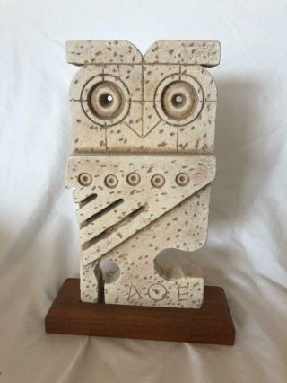 Stone Vintage Owl Figurine Hand Carved Aoe With Wooden Stand