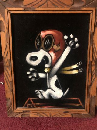 Vtg Handcrafted Velvet Painting,  Snoopy Red Baron,  Flying Ace By 1970s