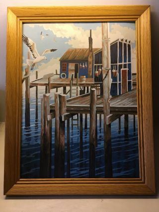 Vintage Oil Paint By Number Picture Harbor Wharf Gulls 14x18 Framed