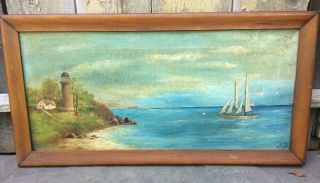 Antique/vintage Oil On Canvas Seascape With Sailboat And Lighthouse Signed