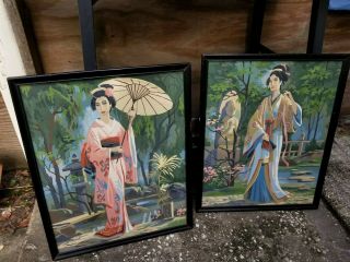 2 Vintage Paint By Number Paintings Oriental Japanese Geisha Girls 17 By 21