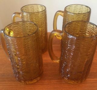 (4) Vintage Amber Glass Tree Bark Beer Mugs,  Steins,  Glasses Indiana Glass 2