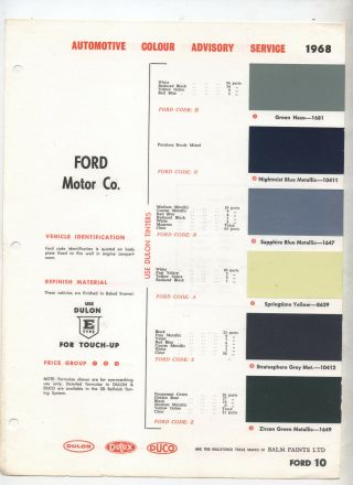 1968 Ford Colours Dulon Duco Dulux Colour Page Falcon Xr Xt