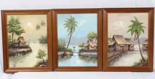Vintage Framed Oil Painting Set (3) 12x16 Asian Tropical Palm Tree Tiki Hut