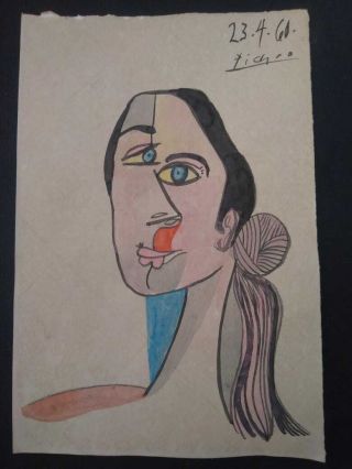 Pablo Picasso.  Signed Watercolor - " Art Gallery Stamp ",  (year 1960)