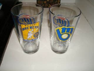 2 Promo Milwaukee Brewers Miller Lite Beer Pint Glasses Thru Years Barrelman
