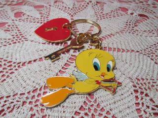 Vintage Yellow Tweet Bird Key Chain With Red Heart And Key 1999 Warner Bros
