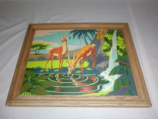 Vtg Paint By Number Painting Pbn Craftint 1956 Thirsty Gazelles Impalas Framed