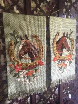 Two Horse Needlepoint Crewel Embroidery Vintage Impeccably Finished Vintage 70’s