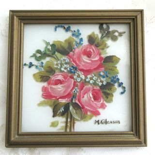 Small Vintage Framed Bouquet Of Roses Floral Oil Painting On Glass,  M.  Gleason