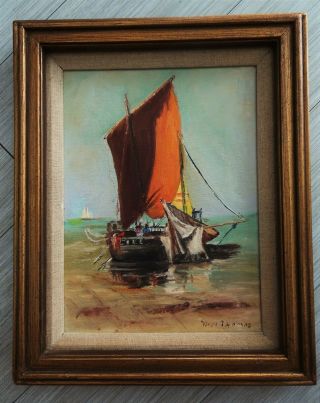 Oil Painting Signed M.  H.  Thomas Sailboat Framed 1972 Orange Sails