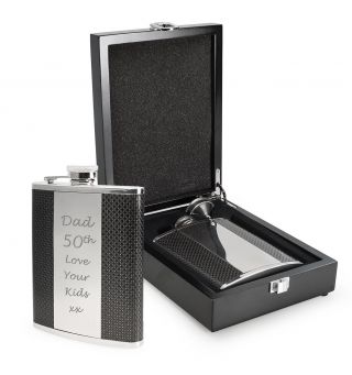 Personalised 6oz Carbon Fibre Design Hip Flask With Wooden Box - Engraved 4u
