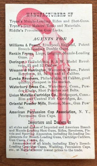 1870s advertising trade card Edward Tryon guns sporting goods Philadelphia PA 2