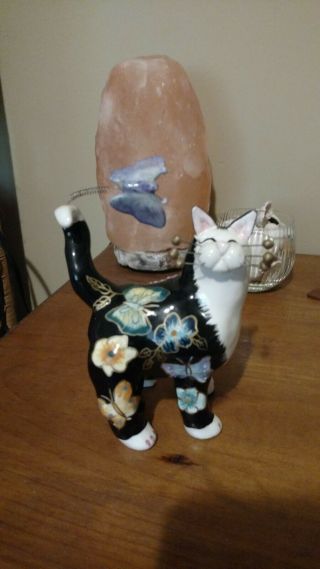 Pair 2002 Annaco Creations Amy Lacombe Whimsiclay Cat With Flowers And Bird