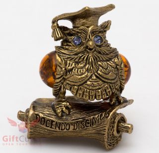 Solid Brass Amber Figurine Of Bird Wise Owl On Ancient Scroll Talisman Ironwork