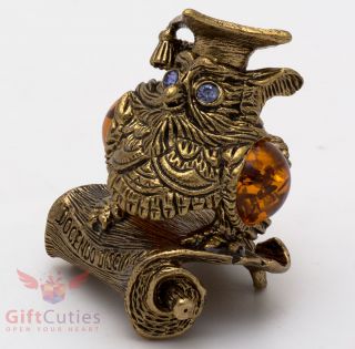 Solid Brass Amber Figurine of bird Wise Owl on Ancient Scroll talisman IronWork 2