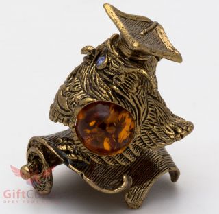 Solid Brass Amber Figurine of bird Wise Owl on Ancient Scroll talisman IronWork 3