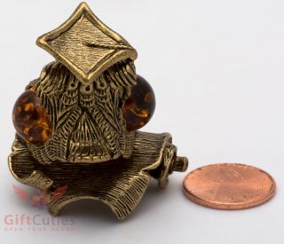 Solid Brass Amber Figurine of bird Wise Owl on Ancient Scroll talisman IronWork 4