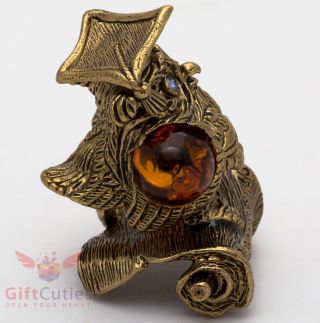 Solid Brass Amber Figurine of bird Wise Owl on Ancient Scroll talisman IronWork 5