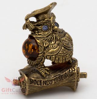 Solid Brass Amber Figurine of bird Wise Owl on Ancient Scroll talisman IronWork 6